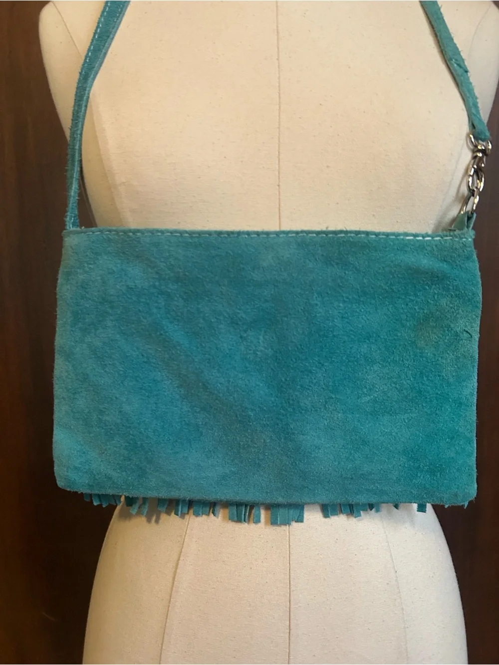 Vintage Turquoise Suede Fringed Bag - Picture 3 of 8